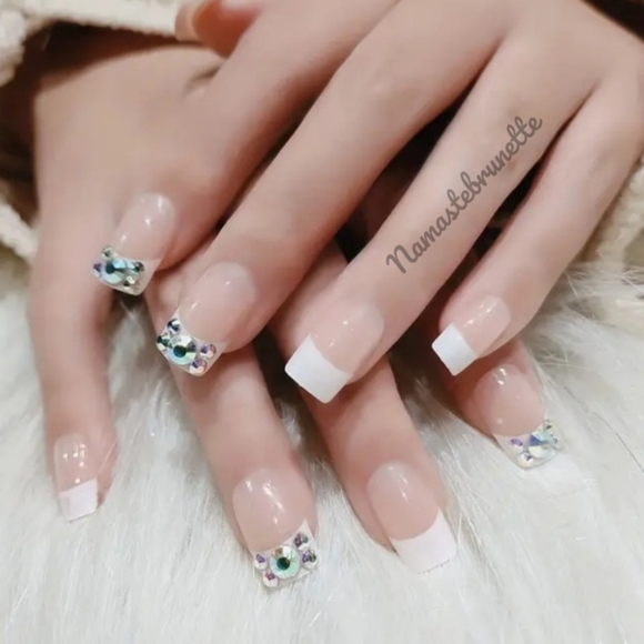 Rhinestone French Manicure Press On Nails - Picture 1 of 10